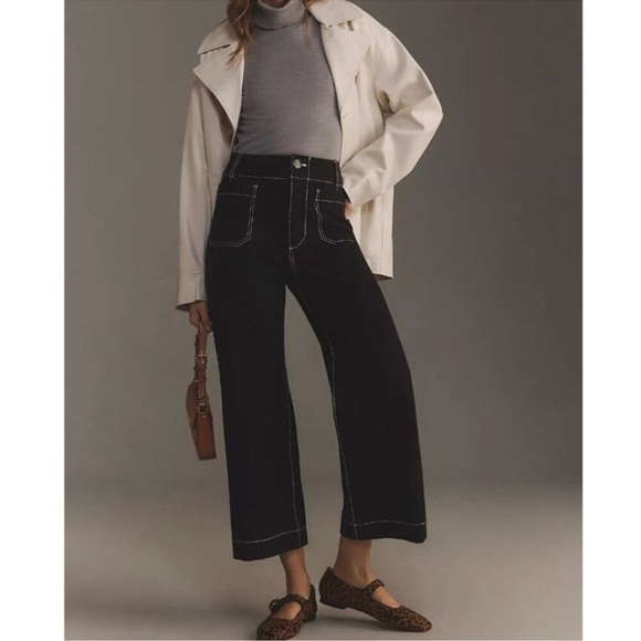 New Anthropologie Maeve The Colette Ponte Crop Wide Leg Pants Black Contrast 27 - Picture 1 of 11